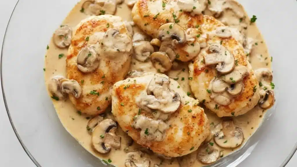 Golden seared chicken in creamy mushroom garlic sauce