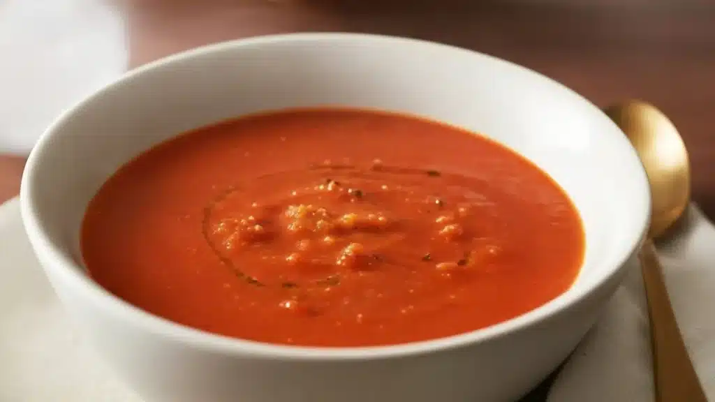 Bowl of creamy roasted tomato basil soup garnished with basil