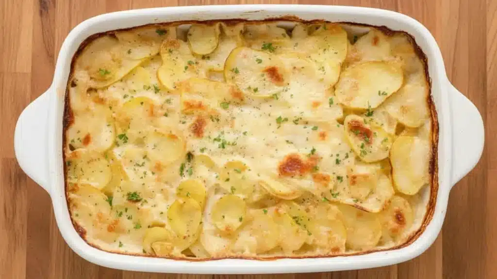 Golden creamy scalloped potatoes baked until tender and bubbly