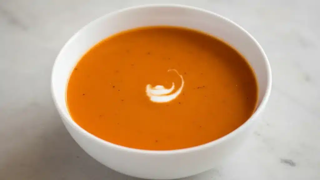 Bowl of creamy tomato basil soup with fresh basil garnish