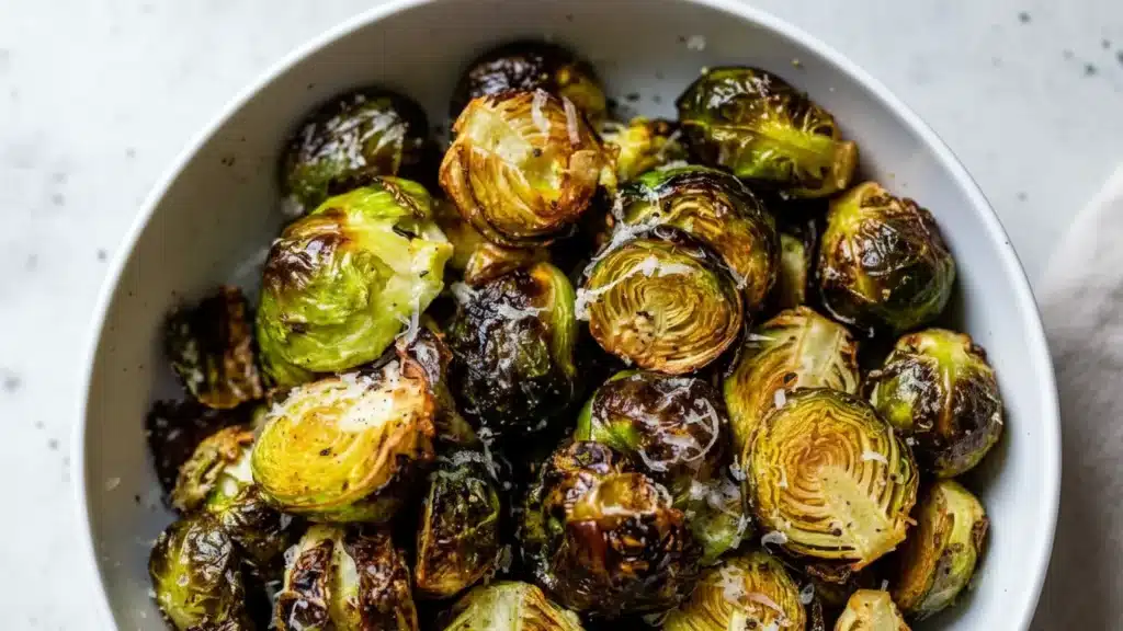 Golden crispy air fryer Brussels sprouts served hot in a bowl