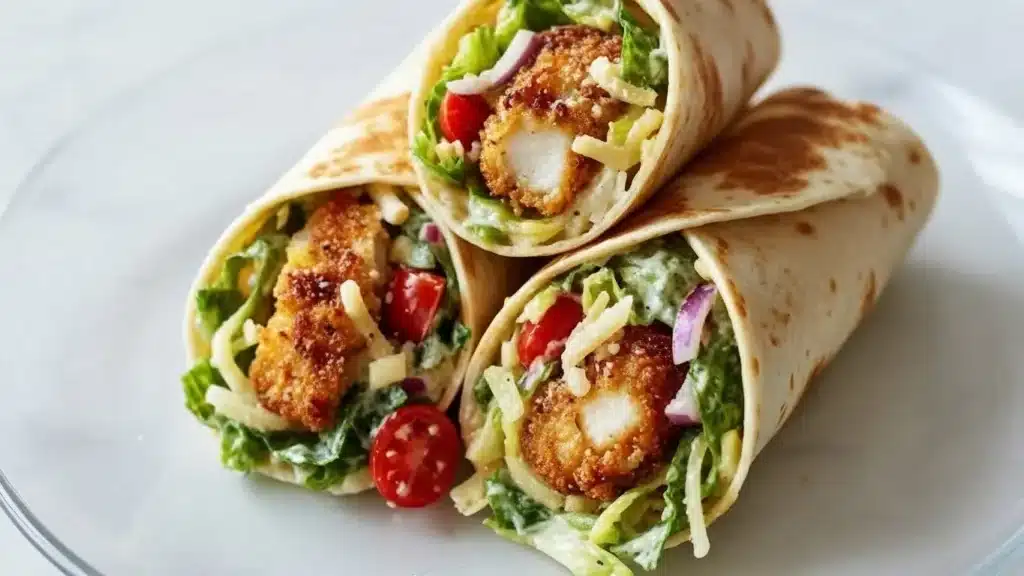 Crispy Chicken Caesar Wrap sliced, showing crunchy chicken and romaine