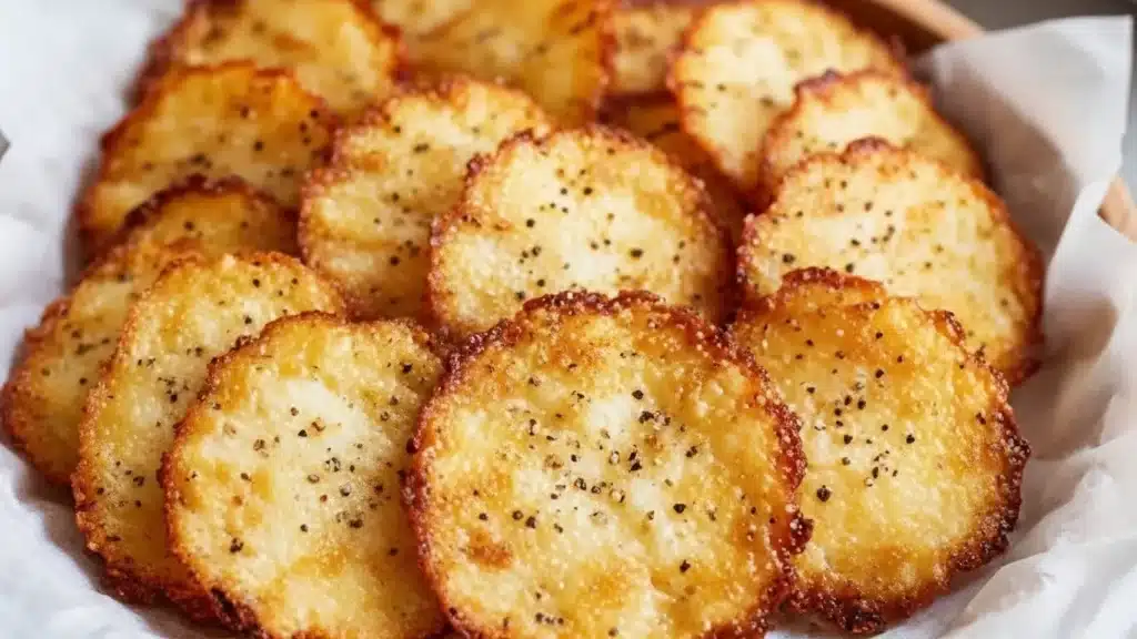 Golden crispy cottage cheese chips baked to a perfect crunchy finish