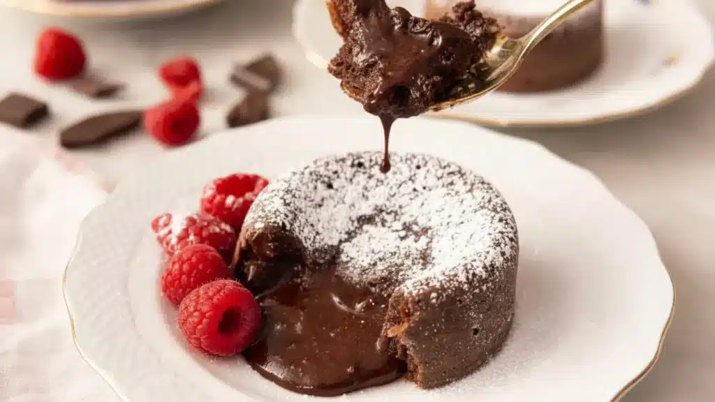 Rich chocolate lava cake with flowing molten center