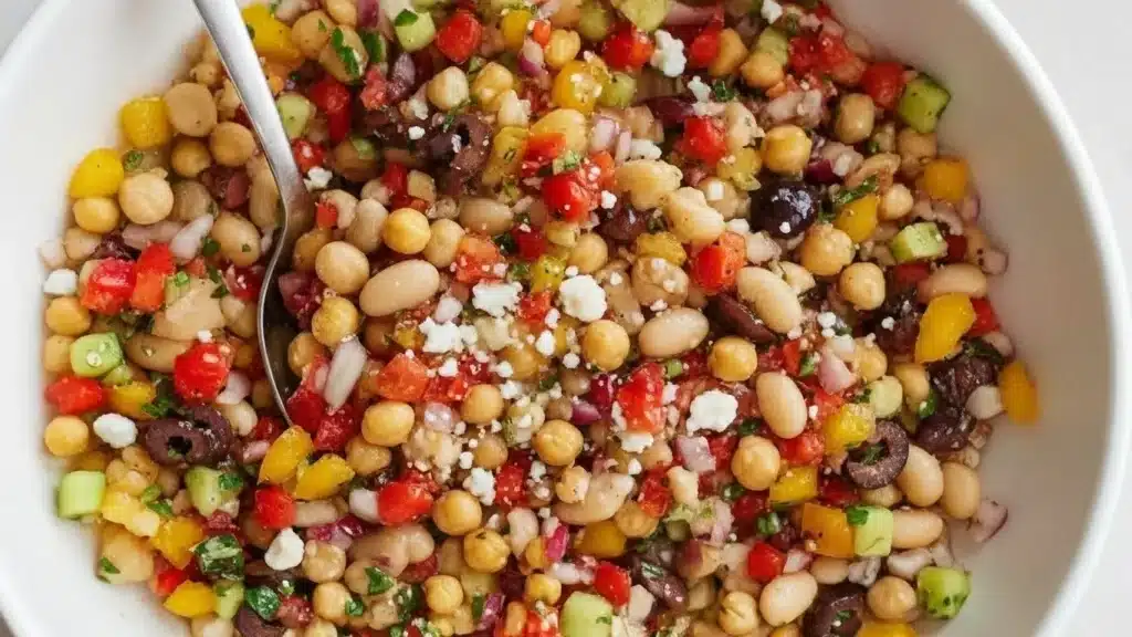 Bowl of dense bean salad with chickpeas, cannellini, and black beans