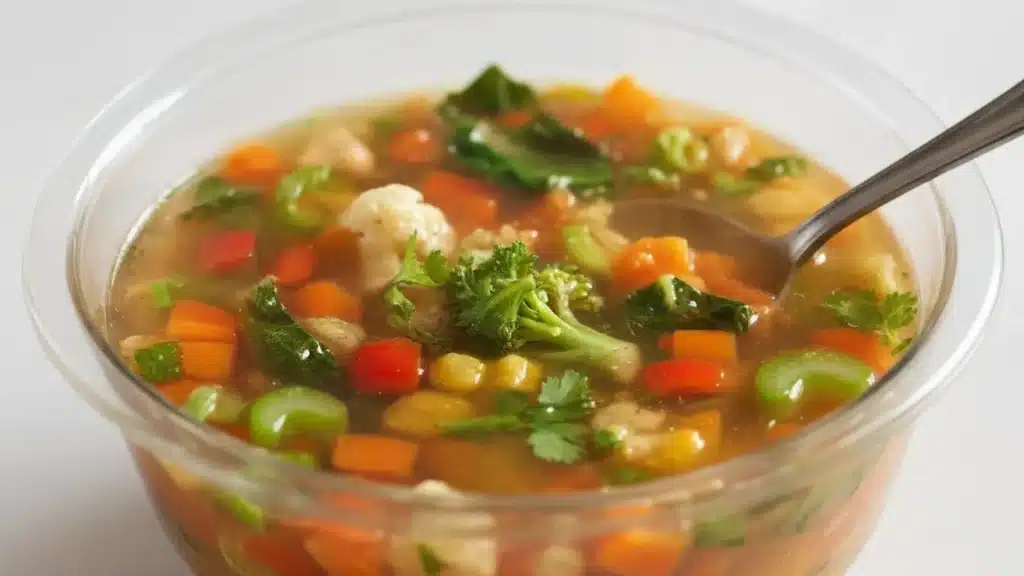 Bowl of detox vegetable soup with carrots, broccoli, and kale