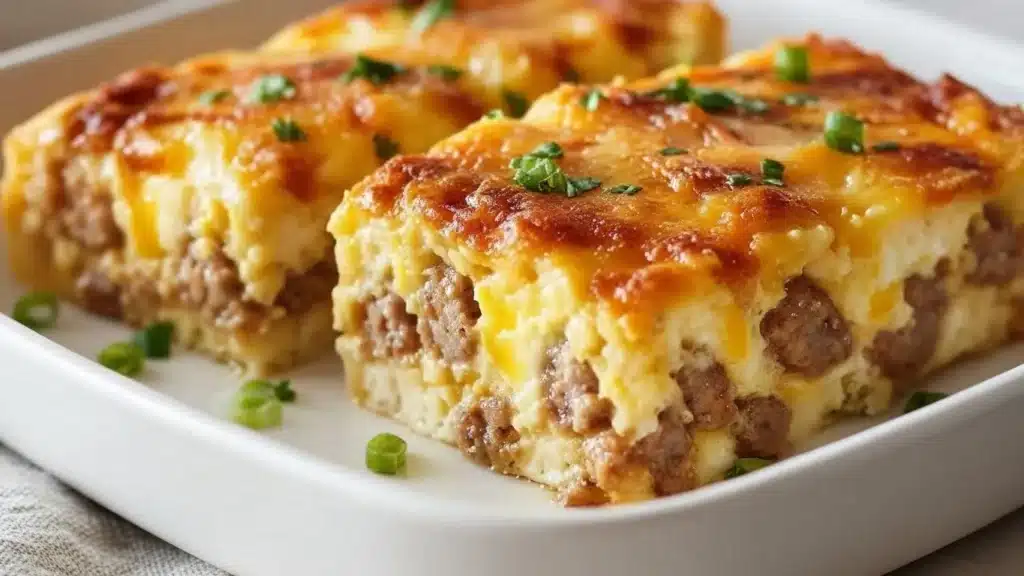 Easy sausage and egg casserole with melted cheddar and bread
