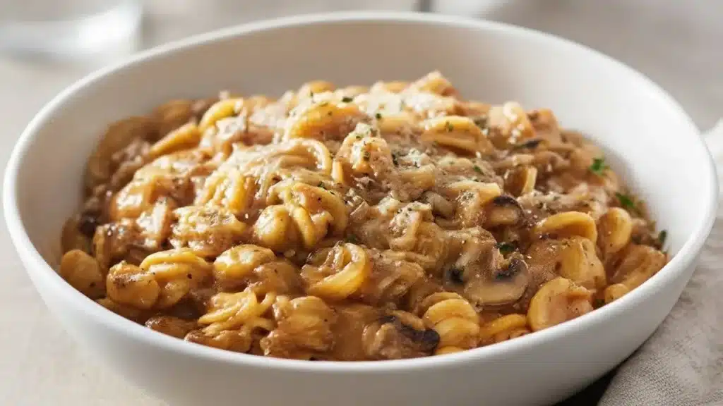Creamy French Onion Pasta topped with melted golden Gruyere cheese