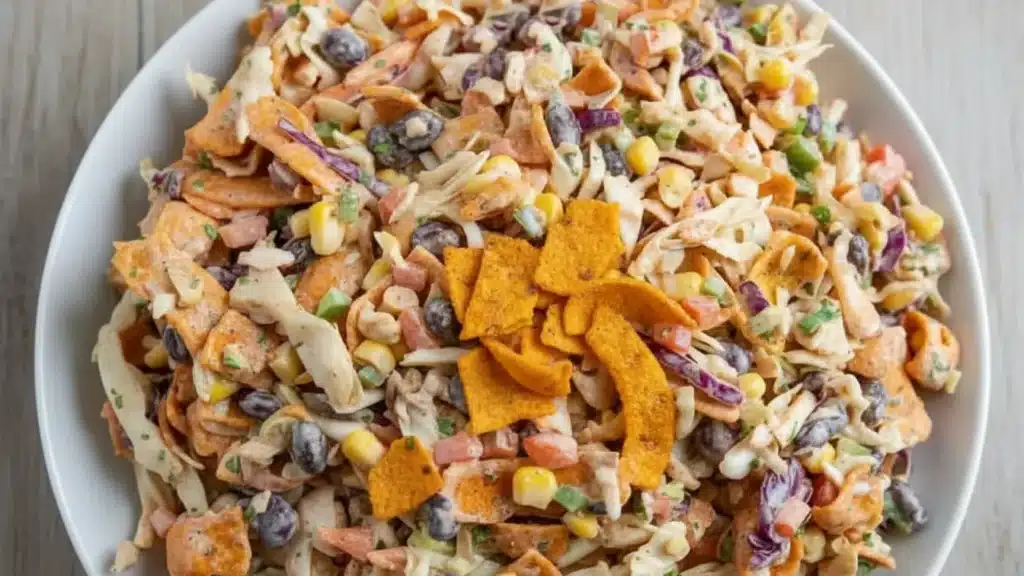Vibrant Frito Cowboy Cabbage salad topped with Fritos