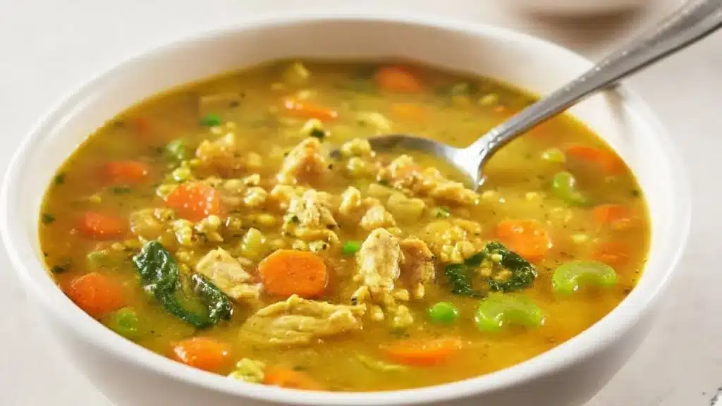 Bowl of golden turmeric chicken soup with spinach and fresh herbs