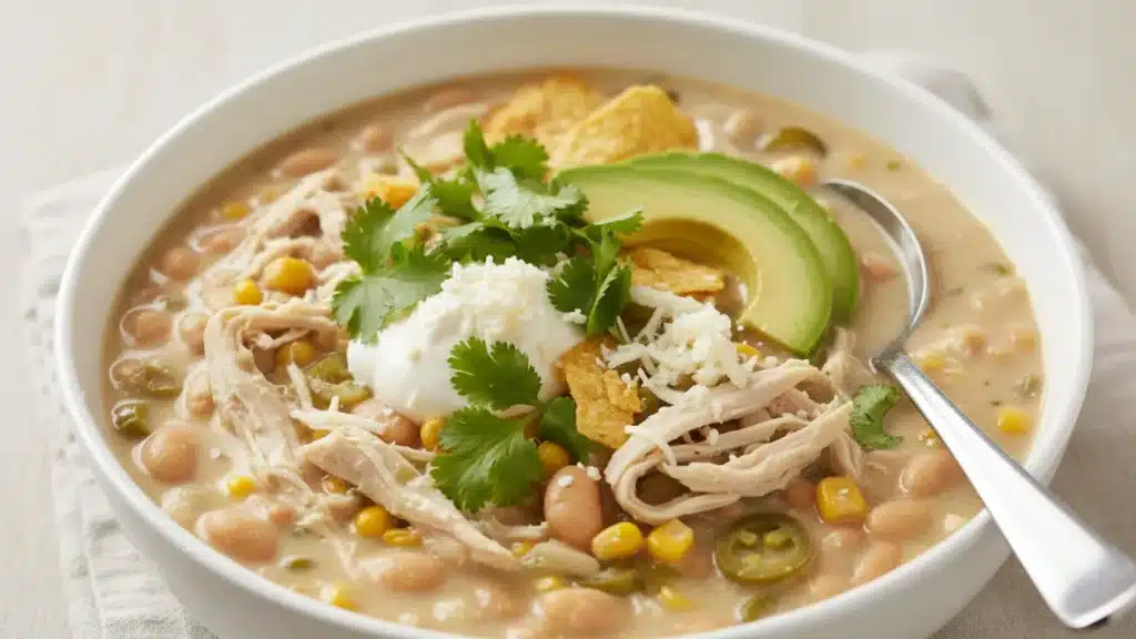Bowl of healthy white chicken chili with beans, chicken, and toppings