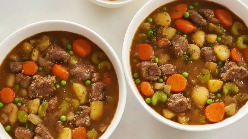 Bowl of beef stew with tender beef, vegetables, and bright green peas