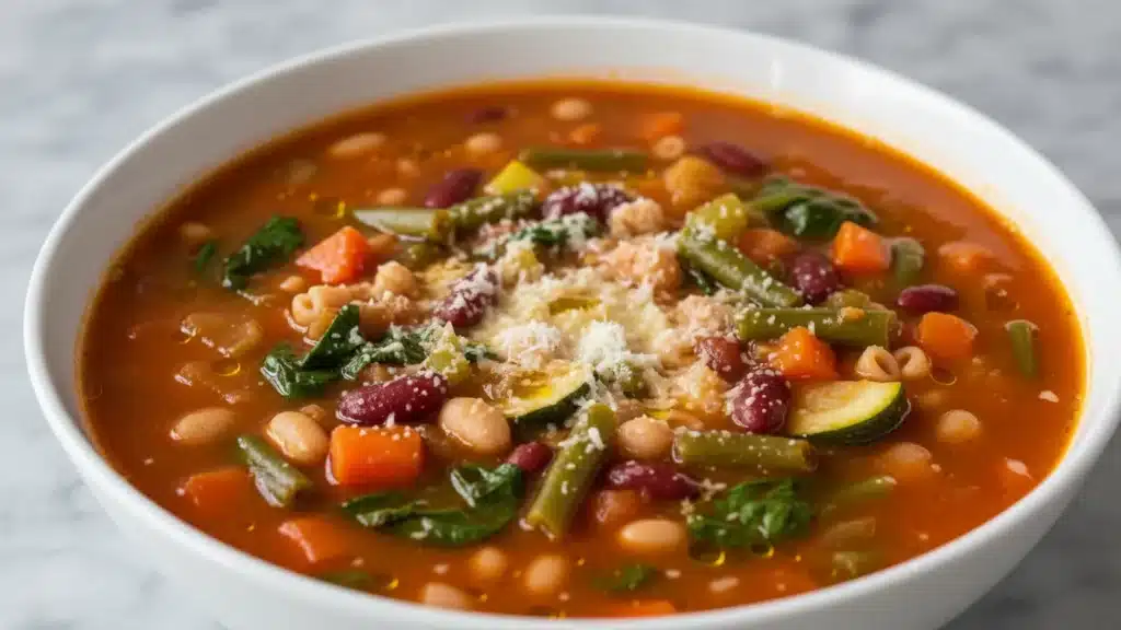 Bowl of hearty minestrone soup with beans, pasta, and vegetables