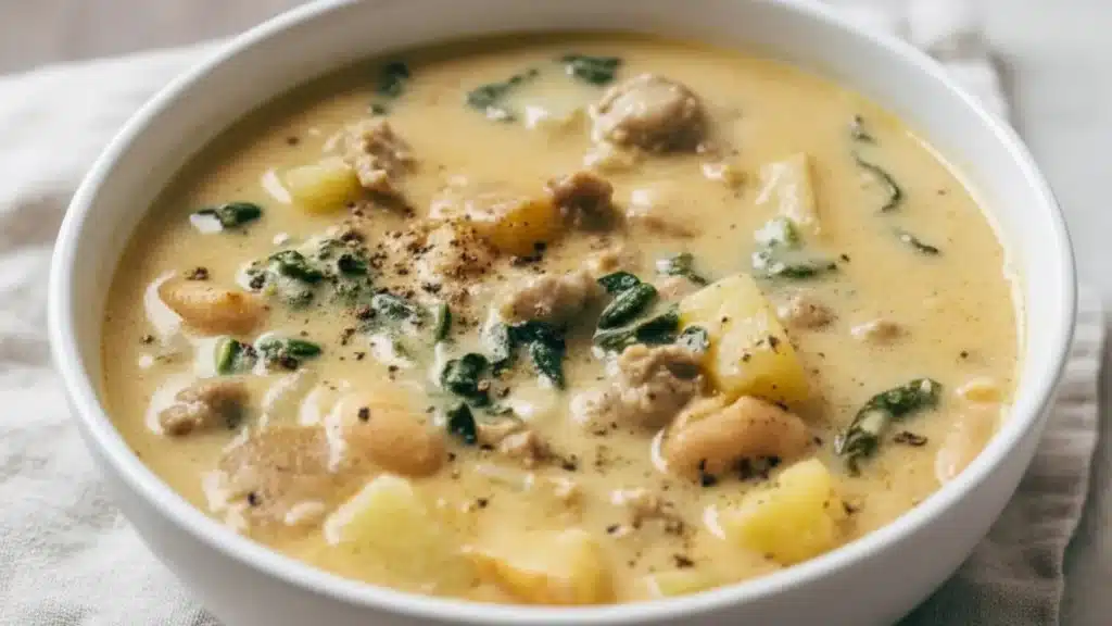 Bowl of hearty sausage kale and white bean soup with Parmesan