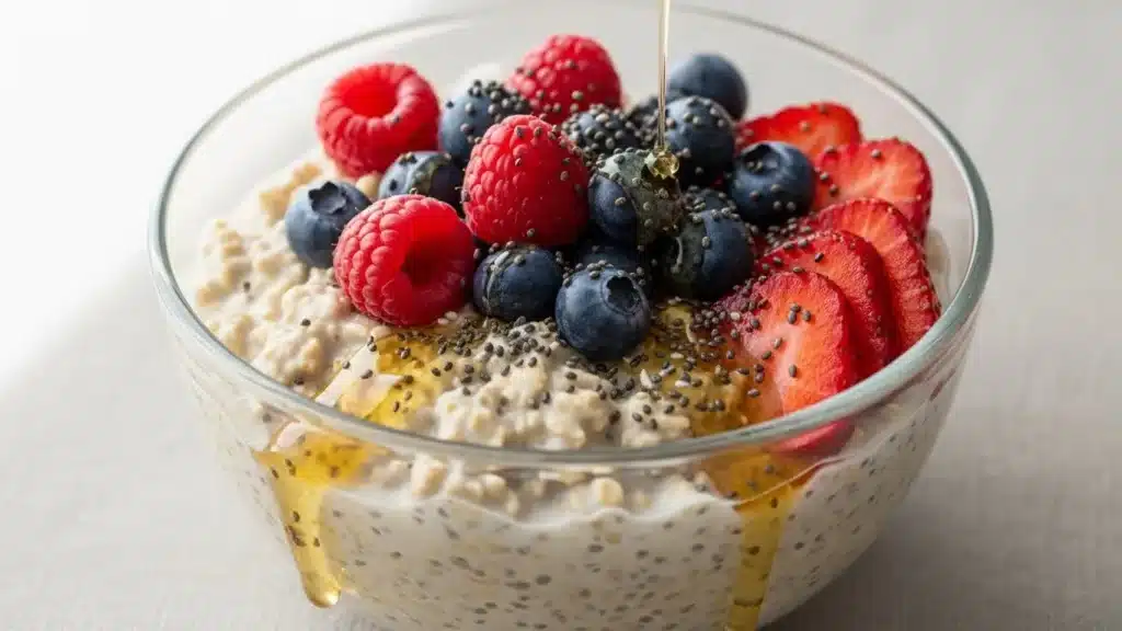 Creamy high-protein overnight oats topped with berries and nuts