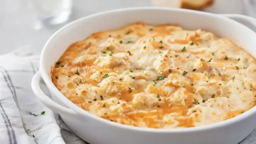 Bubbly hot crab dip with melted cheese and chives