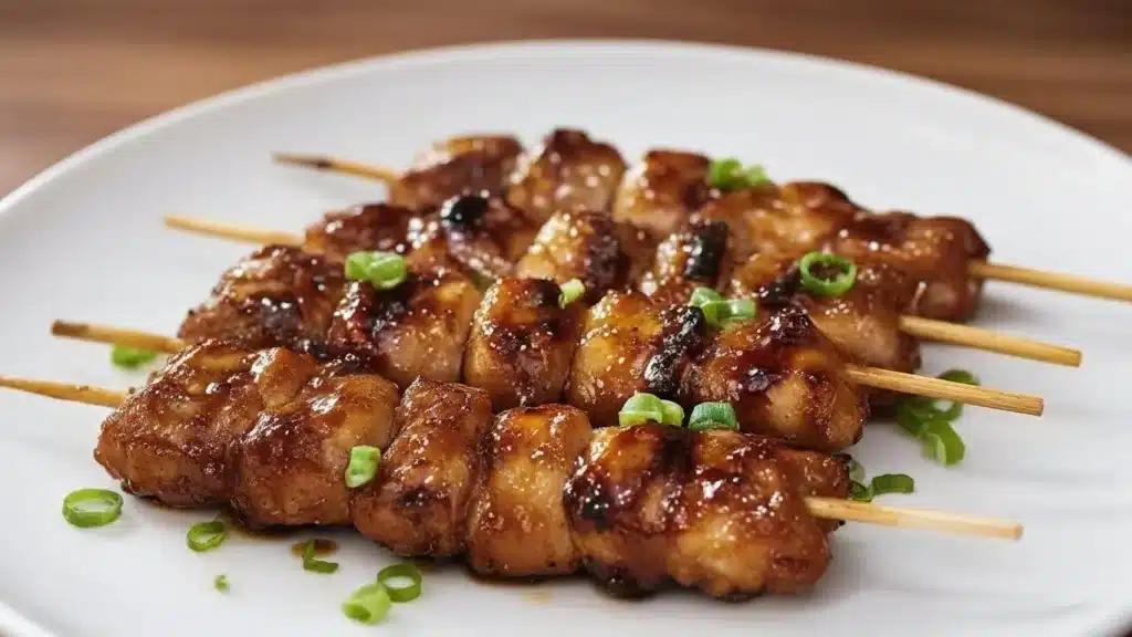 Japanese chicken yakitori skewers glazed with tare sauce