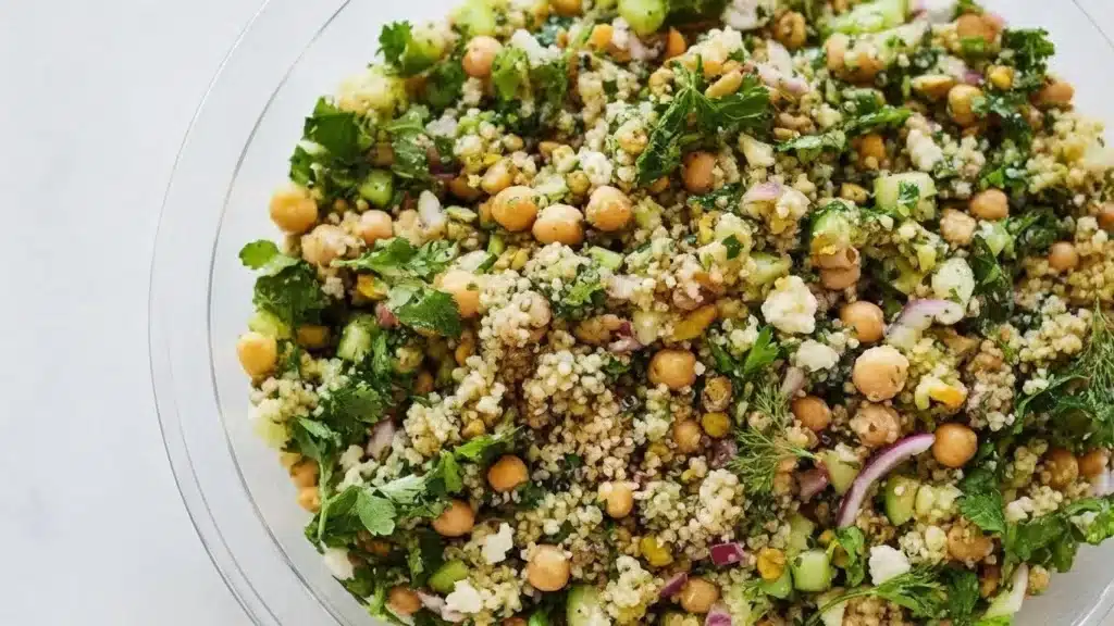 Bowl of Jennifer Aniston Salad with quinoa, chickpeas, and fresh herbs