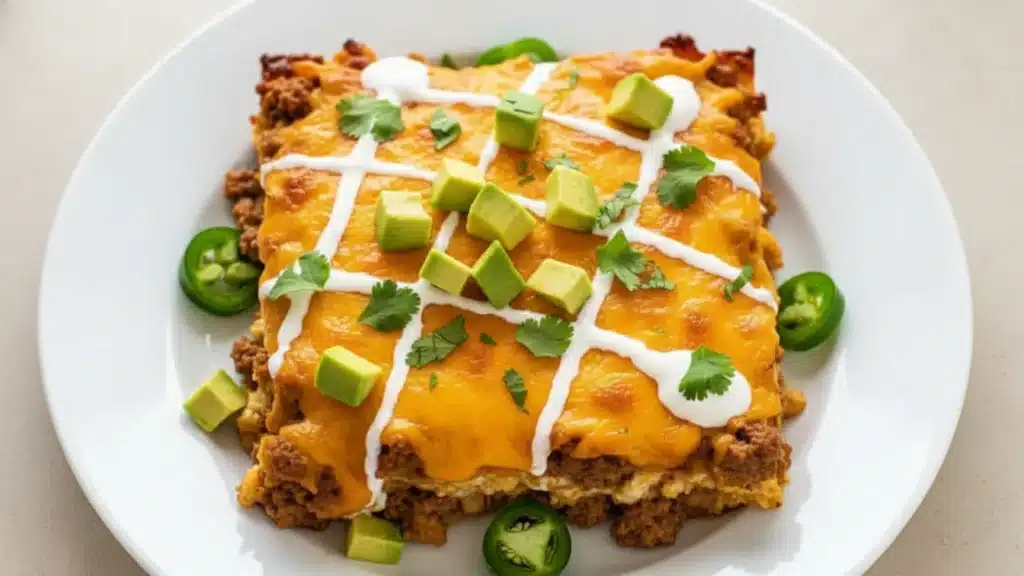 Slice of keto taco casserole with cheddar and Monterey Jack