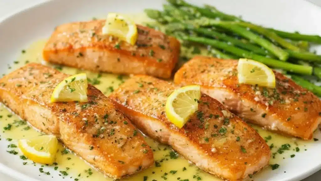 Pan-seared lemon butter salmon fillets topped with garlic sauce