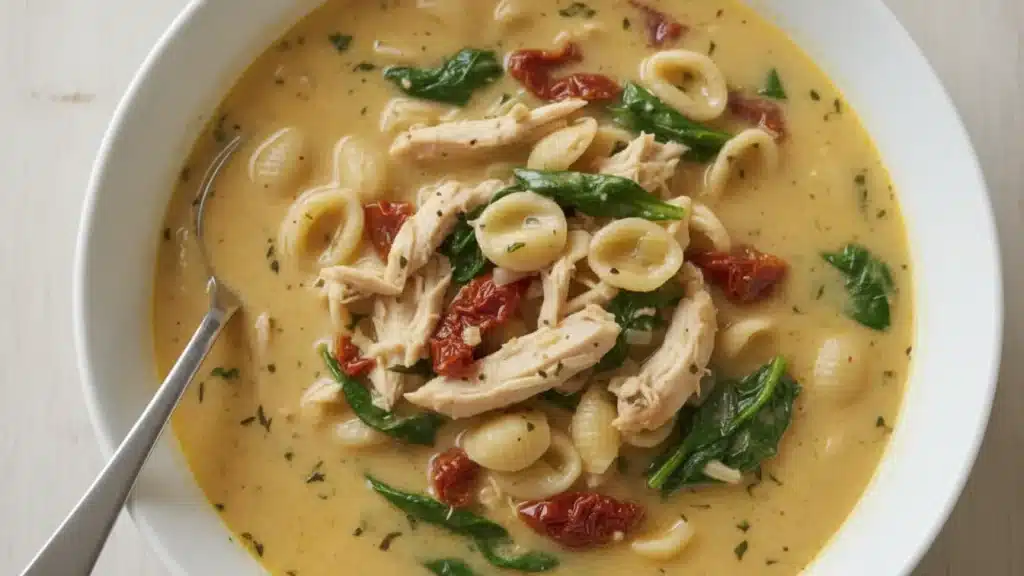 Bowl of Marry Me Chicken Soup with pasta, spinach, and sun-dried tomatoes
