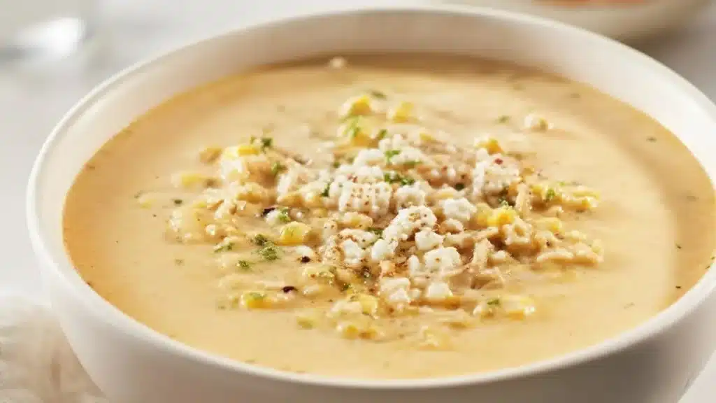 Bowl of Mexican Street Corn Soup topped with cotija and charred corn