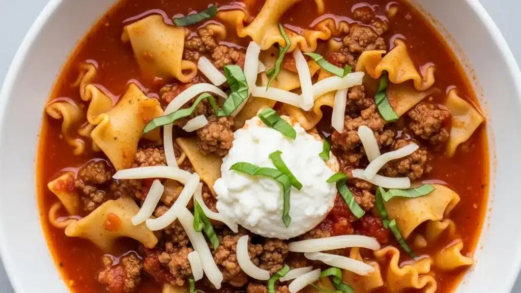Bowl of one-pot Lazy Girl Lasagna Soup topped with ricotta and mozzarella