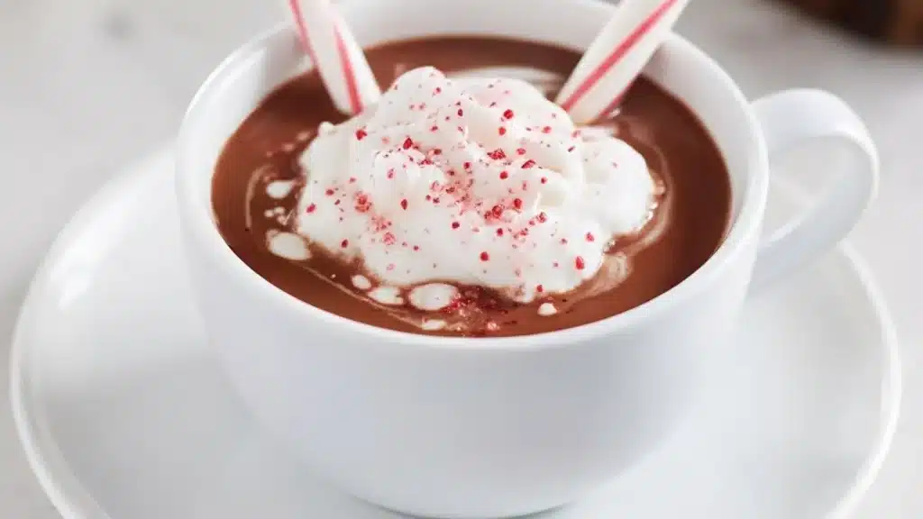 Mug of rich peppermint hot chocolate topped with whipped cream