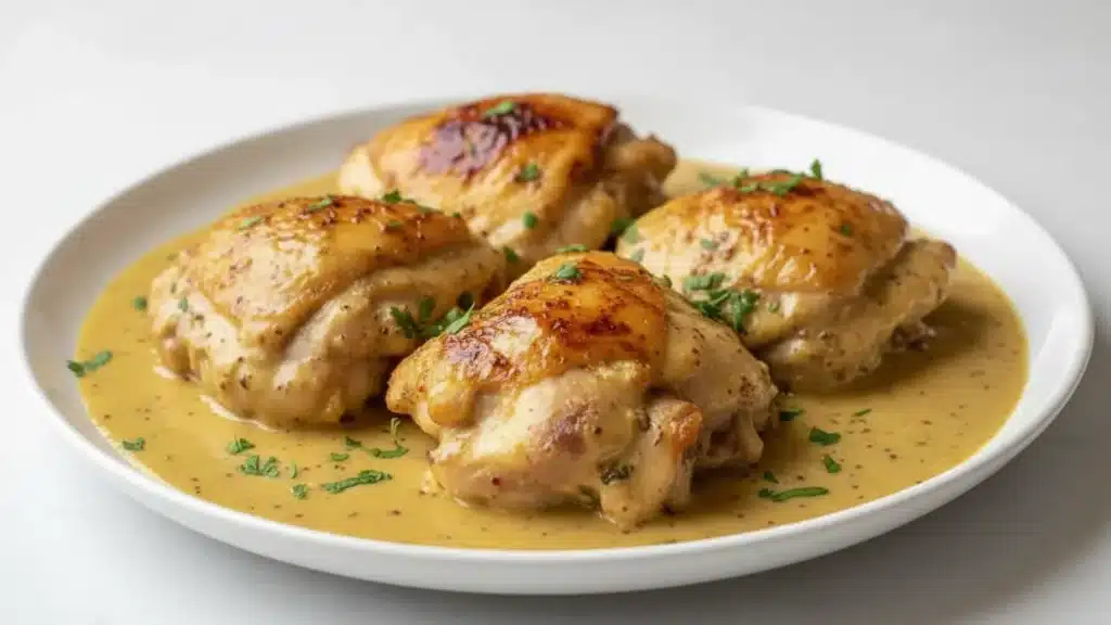 Crispy golden Dijon chicken thighs with sauce in skillet