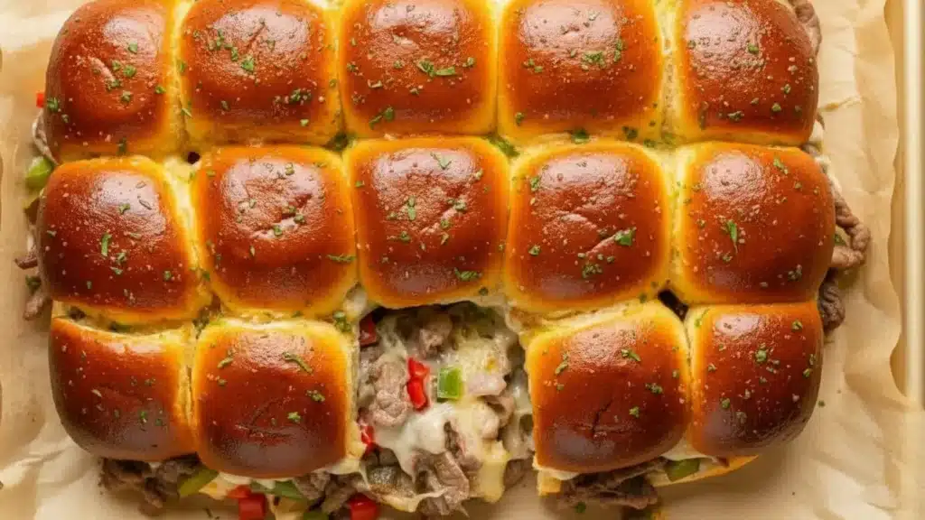 Philly cheesesteak sliders with steak, provolone, and onions