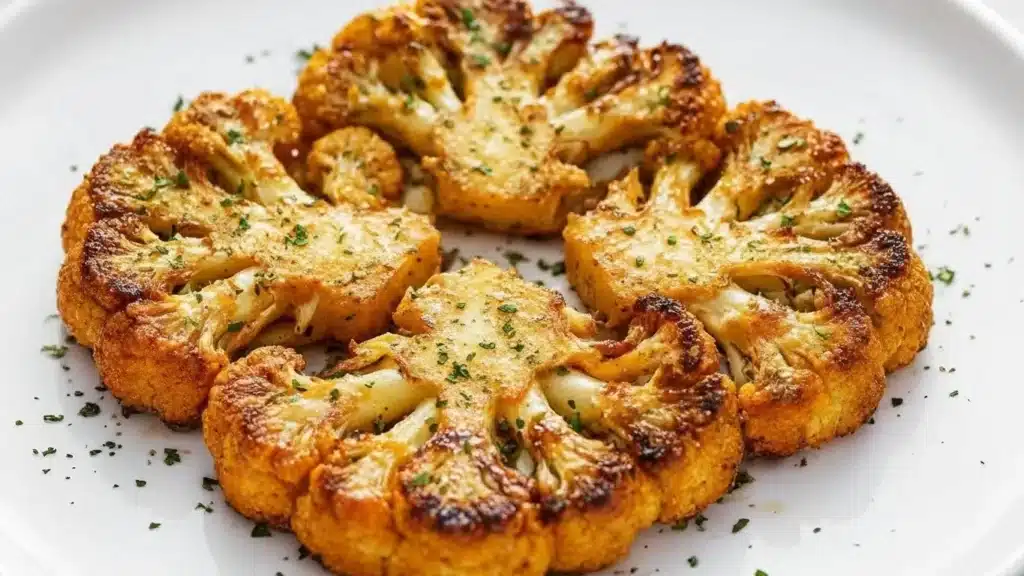 Golden roasted cauliflower steaks with caramelized edges