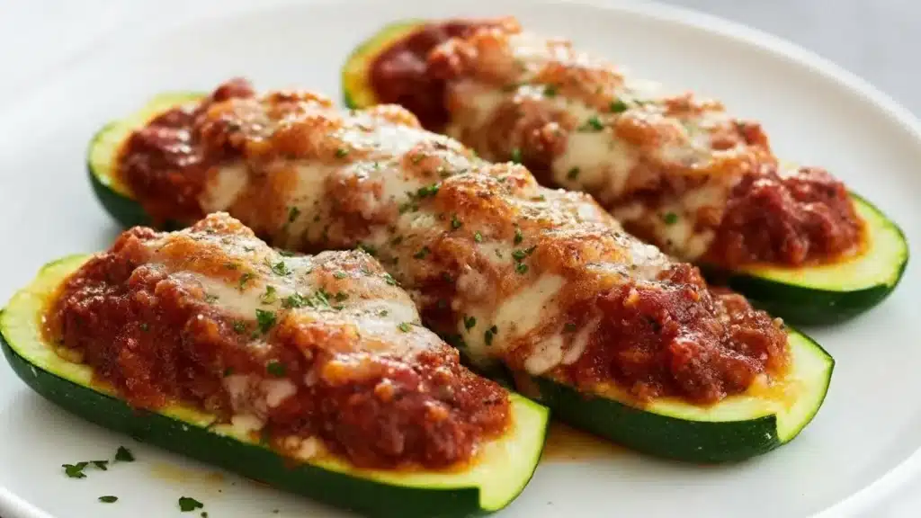 Stuffed zucchini boats filled with beef sauce and melted cheese