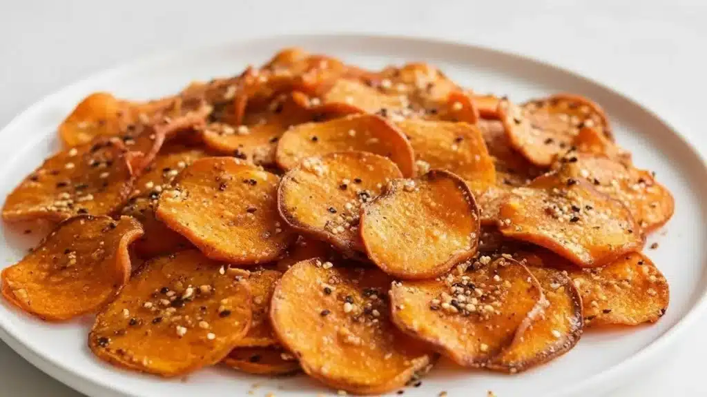 Crispy sweet potato everything bagel chips on a serving plate