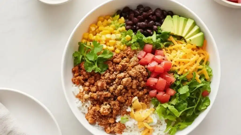 Colorful turkey taco bowl with rice, beans, corn, and fresh avocado