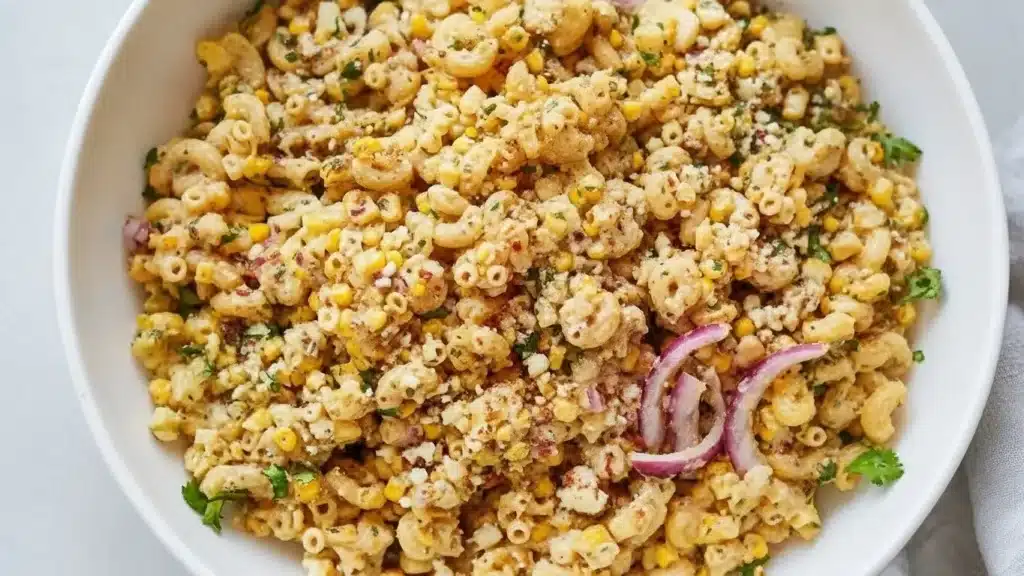 Mexican street corn pasta salad with charred corn, cilantro, and Cotija