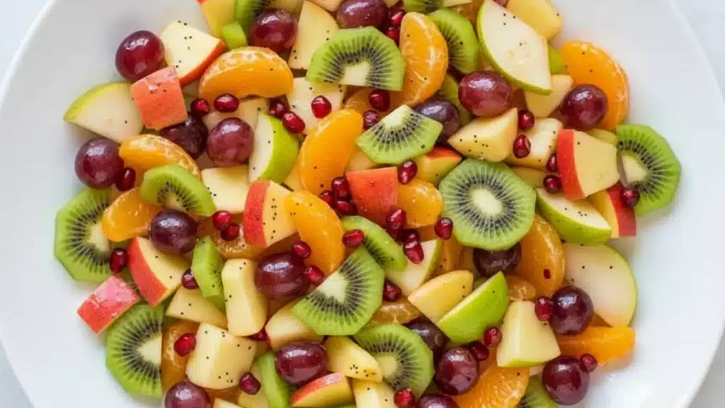 Colorful winter fruit salad in a glass bowl