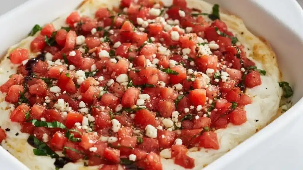 Warm bruschetta dip with melted cheese, tomatoes, basil