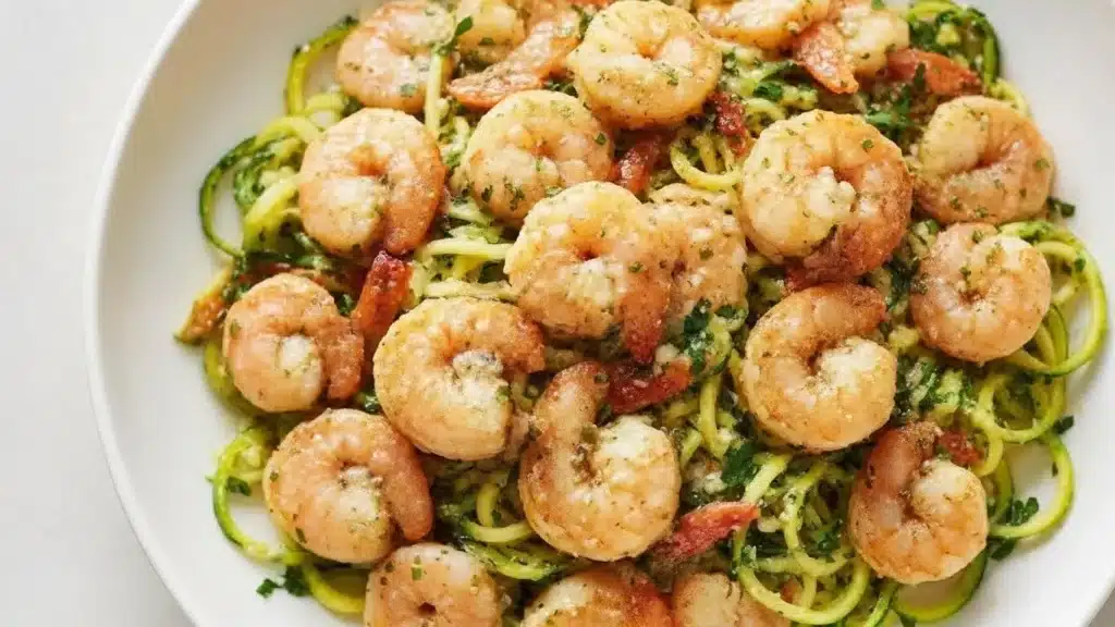 Bowl of zucchini noodles with shrimp tossed in garlic lemon sauce