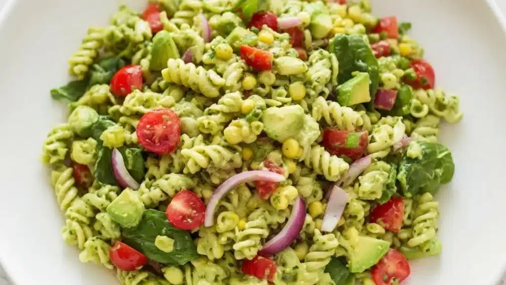Creamy avocado pasta salad with basil, lime, and cherry tomatoes