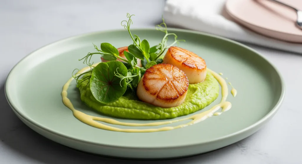 Close-up of golden brown Pan-Seared Scallops with Pea Puree elegantly plated.