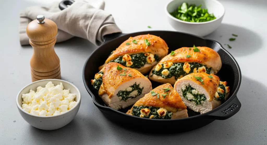 Close-up of golden brown Spinach Feta Stuffed Chicken, showcasing the creamy filling.