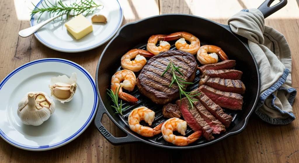 Close-up of a perfectly cooked Surf and Turf Recipe, showcasing a juicy steak and grilled shrimp.