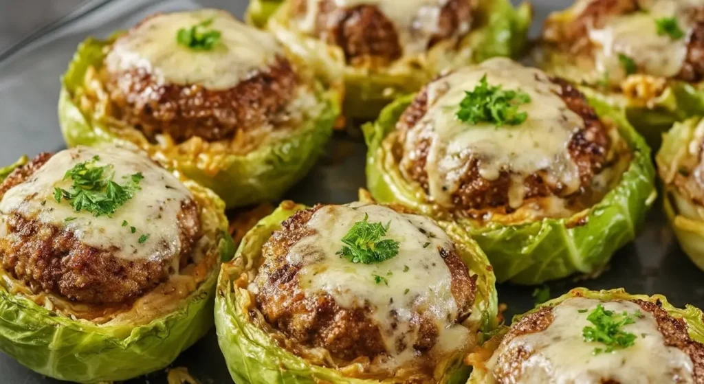 Close-up of a Crispy Cabbage Burger Bake showing layers of cabbage, burger, and melted cheese