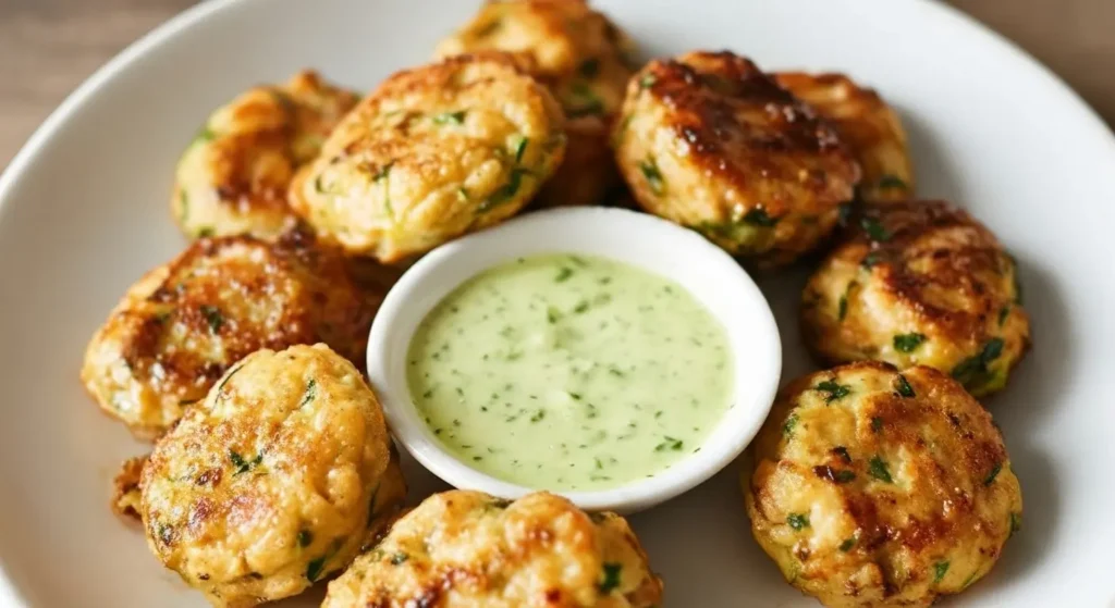 Plate of High Protein Chicken Zucchini Poppers with herbs garnish