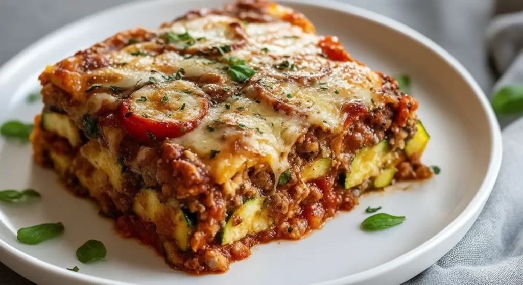 Zucchini Pizza Casserole baked with melted cheese and toppings