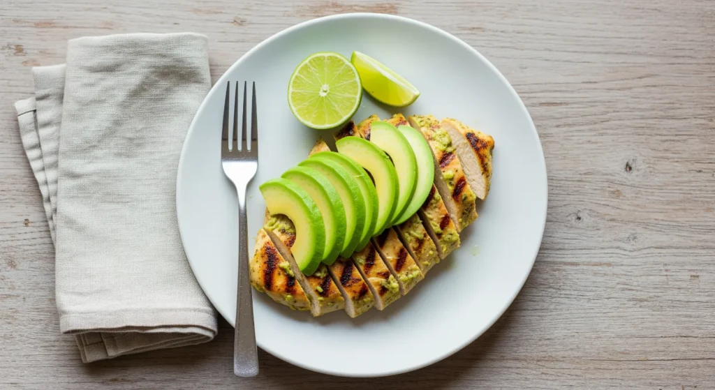 Close-up of perfectly grilled Avocado Lime Grilled Chicken with visible grill marks and fresh avocado slices on top.