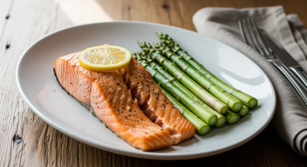 Close-up of flaky Baked Salmon with Asparagus on a white plate, garnished with lemon slices and dill.