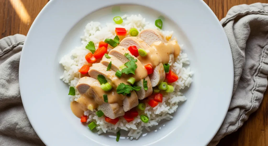 Close-up of Coconut Chicken and Rice in a white bowl, garnished with cilantro.