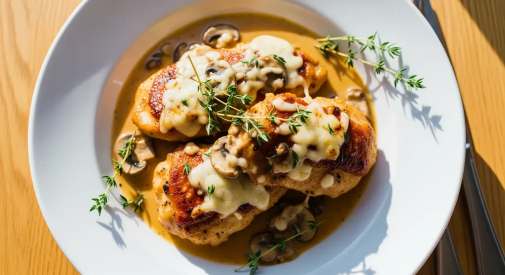Close-up of Creamy Mushroom Asiago Chicken in 30 Minutes, showcasing the creamy sauce and mushroom texture.