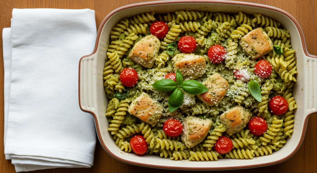 Overhead shot of Creamy Pesto Chicken Pasta Bake in a baking dish, showcasing golden-brown topping and creamy sauce.